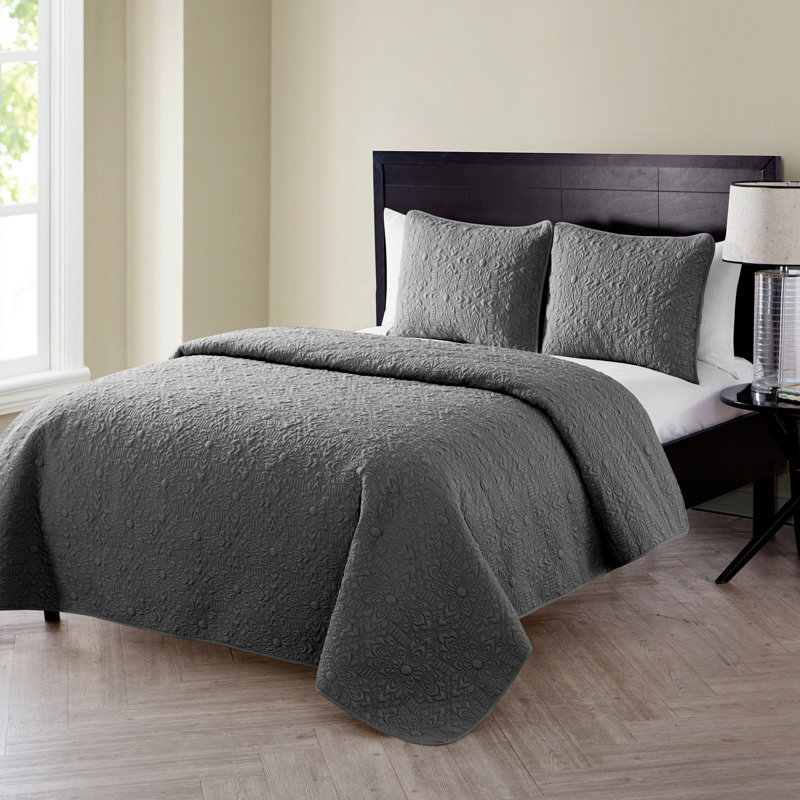 Gray Twin Microfiber Embossed Floral Quilt Set