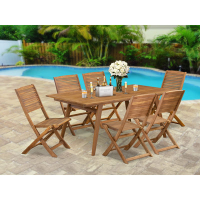 7 Piece Patio Dining Set Consist of a Rectangle Outdoor Acacia Wood Table and 6 Folding Side Chairs, 40x72 Inch, Natural Oil