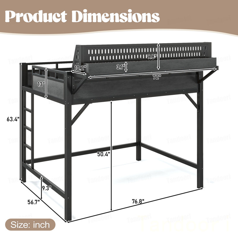 Structure de lit mezzanine pleine grandeur avec tablettes de rangement et panneau perforé, lit mezzanine en métal avec ports USB et lumières DEL, sécuritaire et robuste
