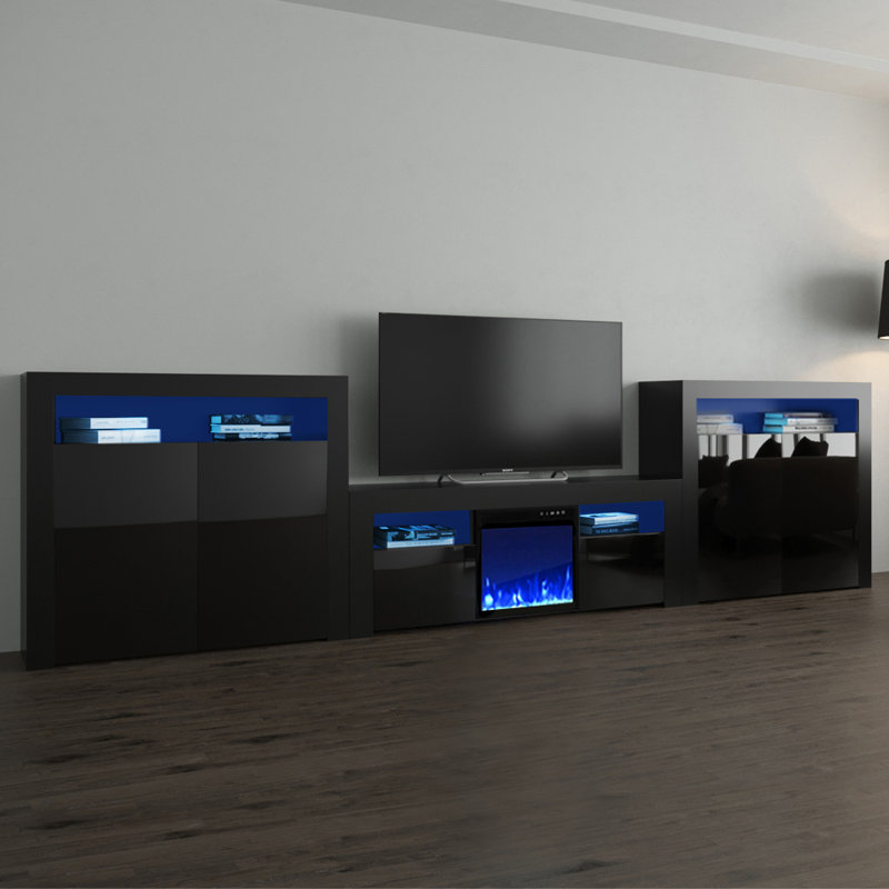 Meuble audio-vidéo pour téléviseur de 65 po ou moins avec foyer Rimsha, Noir