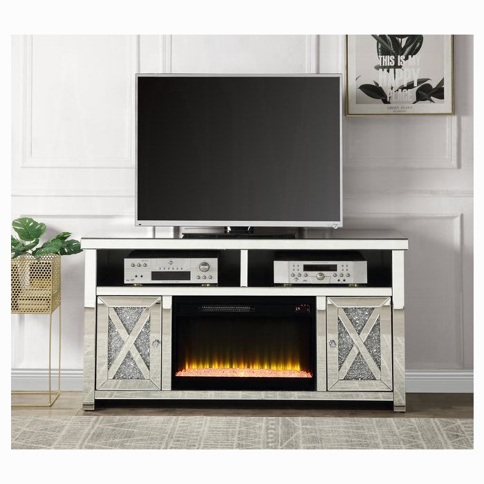 Meuble télé en miroir Noralie Glam avec incrustation de faux diamants, portes et rangement ouvert (compatible avec foyer)