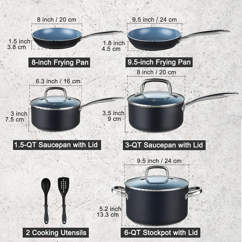 Cook N Home Classic Pots and Pans Nonstick Ceramic Kitchen Cookware Sets Include Saucepan, Frying Pans, Stockpot with Lids, Nylon Utensils, Heavy Gauge, 10-Piece, Black