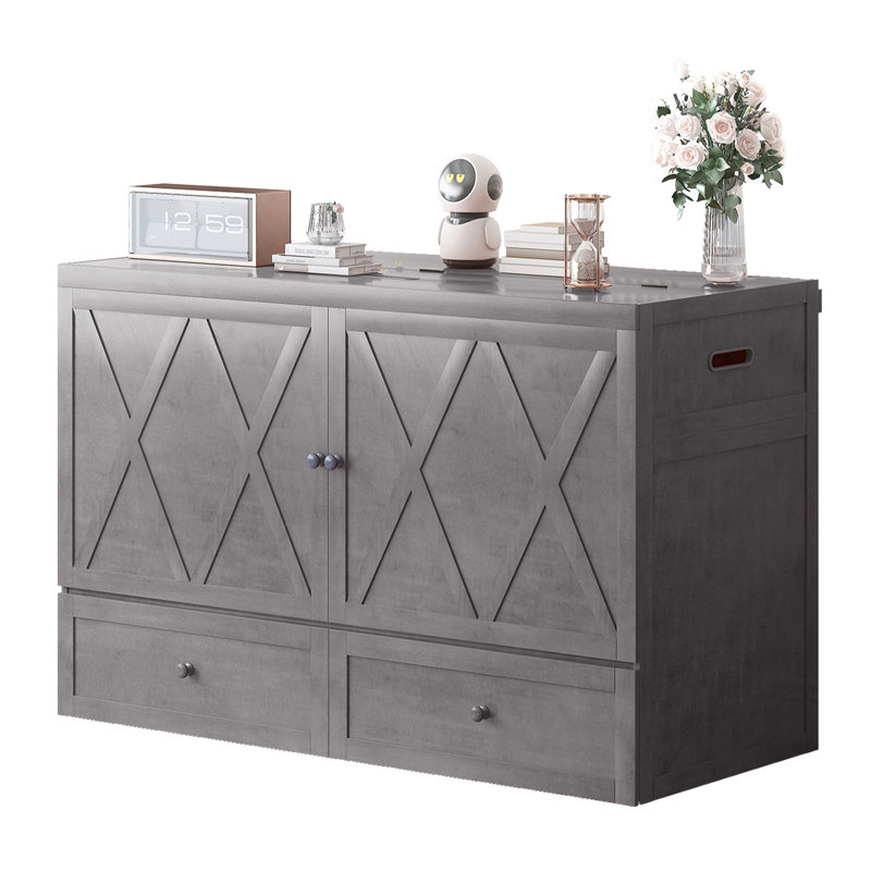 Queen Murphy Bed with Mattress & Usb Charging Station & Storage Drawers, Grey, Gray
