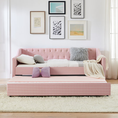 Twin‑Size Daybed,Upholstered Convertible Daybed with Tufted Button Backrest, 3‑in‑1 Versatile Sofa Bed with Pull‑Out Trundle & Side Storage, for Compact Living-Pink