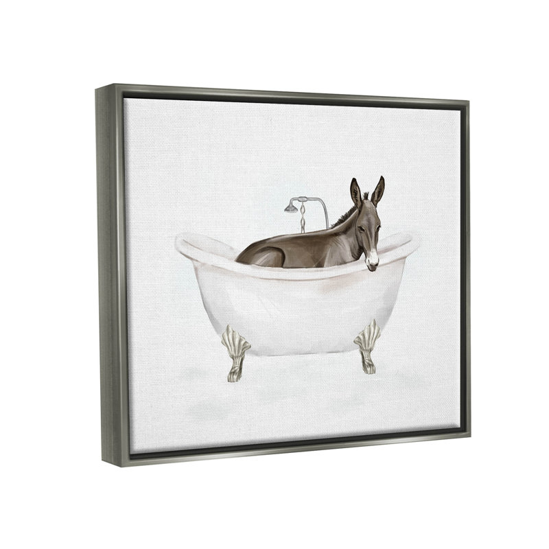 «Donkey Bathroom Tub Animal», estampe numérique par Ziwei Li, H 25 po x l 31 po x P 1,7 po, Cadre flottant gris lustré