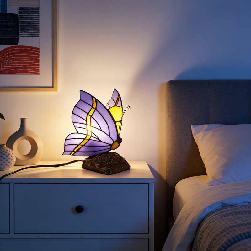Lampe d'appoint papillon en vitrail avec base rose rétro - Lampe de table décorative