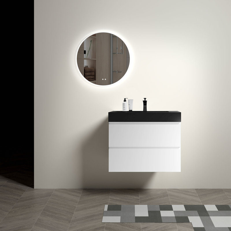 Meuble-lavabo de salle de bain flottant mural, Noir, Blanc