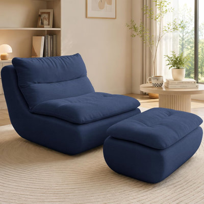 Chenille Memory Foam Bean Bag Chair With Ottoman Family‑Size Lazy Floor Sofa, Navy Blue
