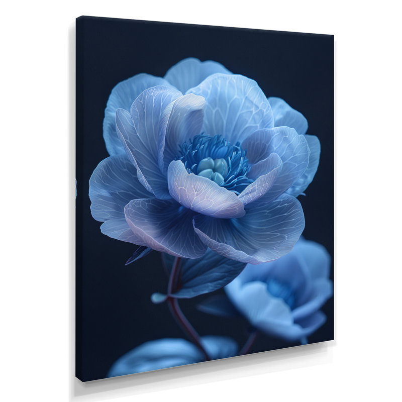 Bleu, noir, pivoines, nocturne, Nirvana I - pivoines, art mural, salon, Toile tendue, H 16 po x l 32 po