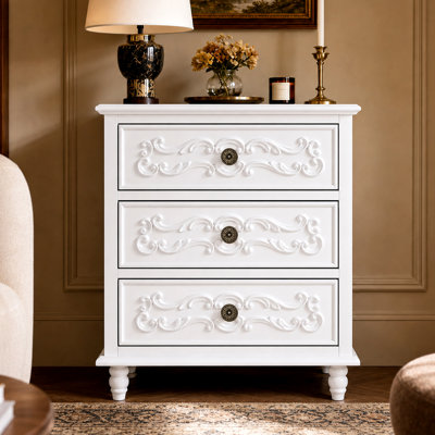 Table de bout à 3 tiroirs 23,6 po avec façades volutes, blanc