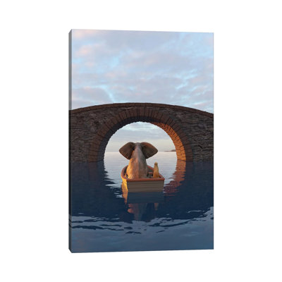 Elephant And Dog Float In A Boat Under The Bridge by Mike Kiev - Wrapped Canvas Print