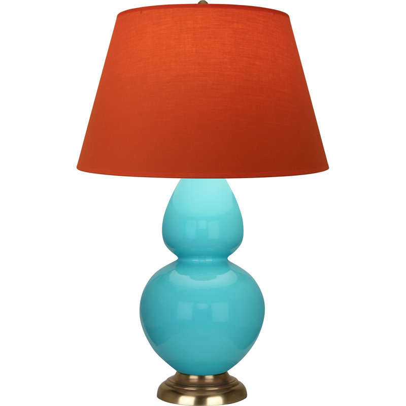 Lampe de table double gourde en céramique, Bleu œuf glacé / laiton, Tangerine / doublure taupe, Laiton