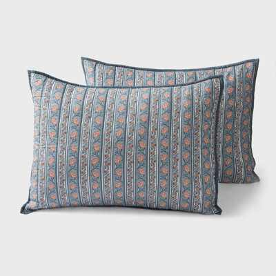 Kunj Blue Floral 26" x 26" Printed Euro Sham Set of 2, Decorative Cotton Pillow Covers with Patterned Design