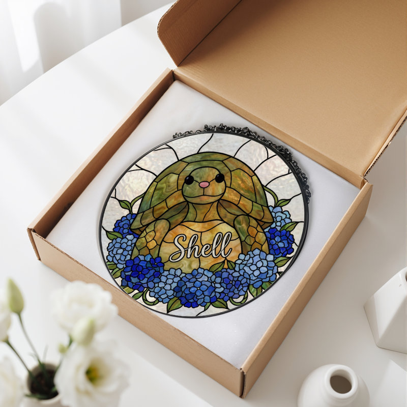 7.8"H Turtle Flowers Stained Glass Window Panel, 7.8" H x 7.8" W