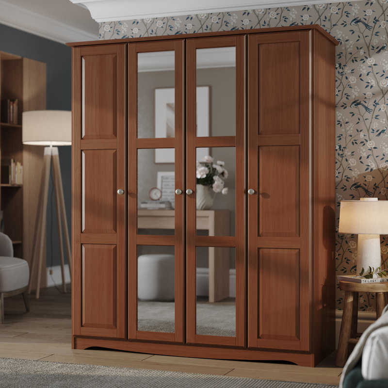 Garde-robe 100% en bois massif avec portes en miroir et poignées en métal, Mocha