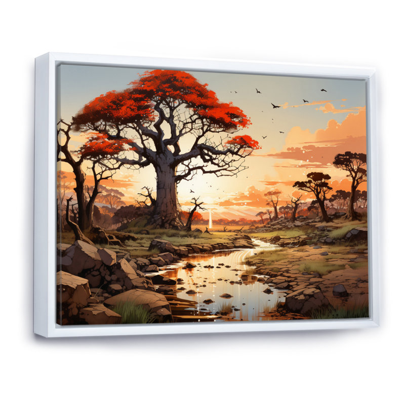 «African Baobab Tales II» sur toile, Cadre flottant blanc, H 30 po x l 40 po x P 1,5 po