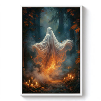 Fantôme d'Halloween surgissant d'un feu de joie, tableau sur toile encadré, cadre blanc, 61 x 91 cm