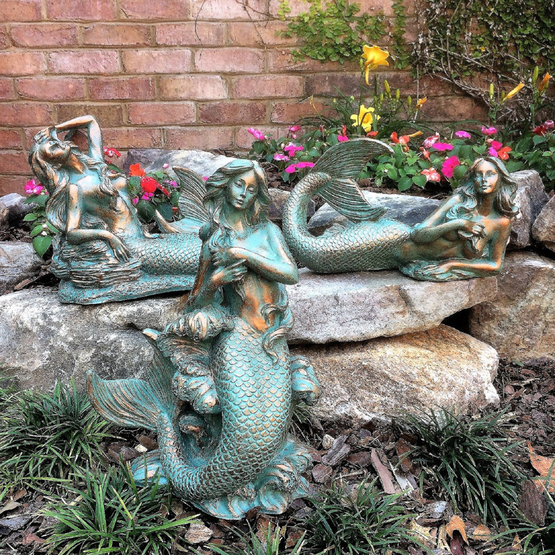 Bronze Patina Mermaid Table Top Statue Set, 3 Pieces