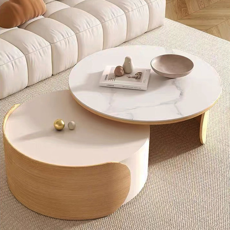 31.5" Nesting Coffee Table Set with Sintered Stone, Light Wood,Solid Wood Drawer(No Assembly Required)