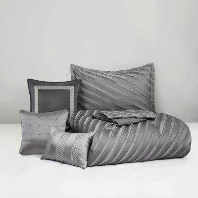 Grey 7 Pcs Queen Comforter - Transitional Modern Diagonal , Soft And , Safe Comfortable Bedding In Design, Luxury Ensemble, All Season Fill, Standard 100