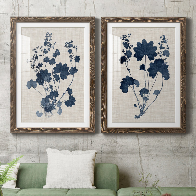 Bleu marine et feuilles de lin II - ensemble de 2 reproductions d'art sur papier encadré, H 37,5 po x l 55 po, Noyer