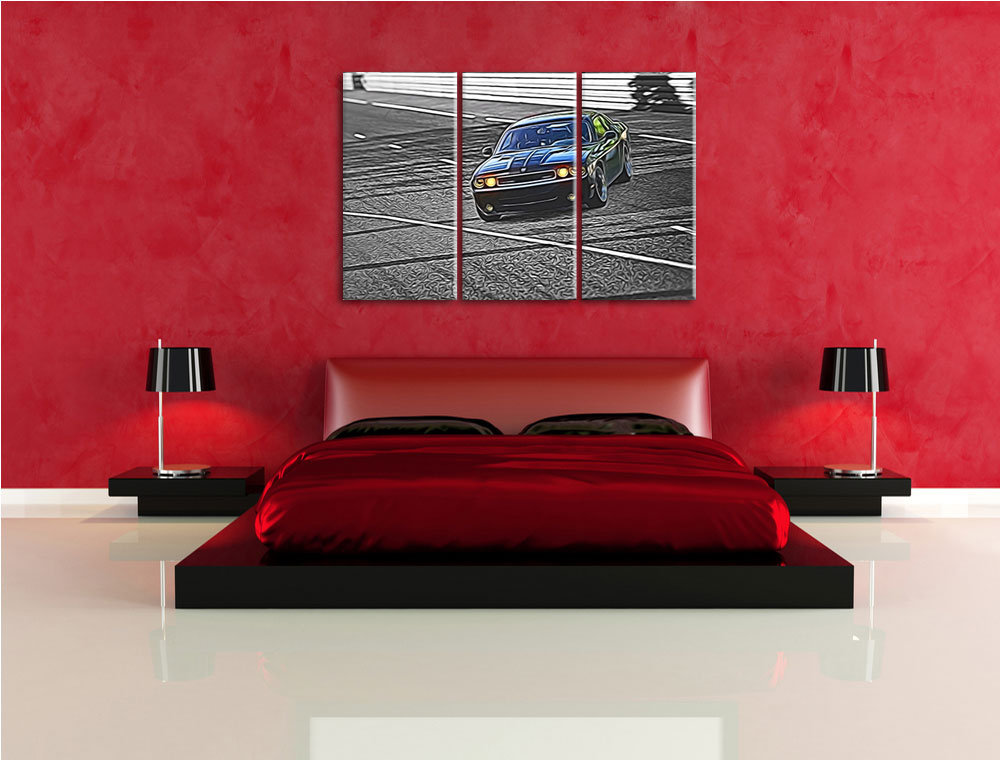 3-tlg. Leinwandbilder-Set Elegante schwarze Dodge Challenger, Grafikdruck