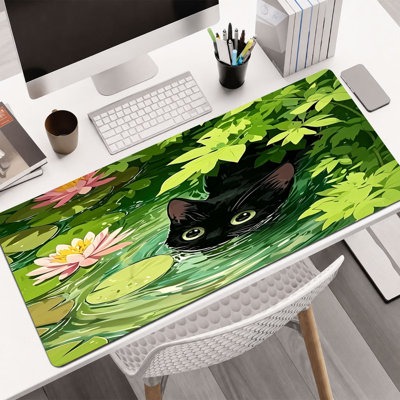  Tapis de souris en caoutchouc, surface en microfibre lisse, base antidérapante, tapis de souris décoratif à bord arrondi pour le bureau et les jeux, étang de lotus noir 12 po x 32 po