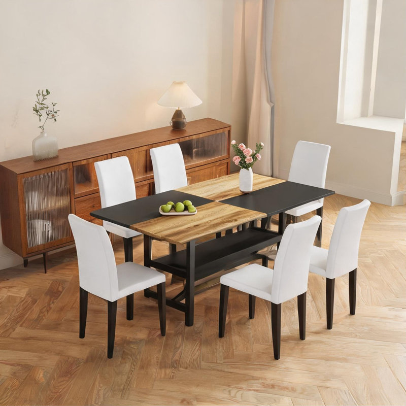 Ensemble de salle à manger 6 pièces avec table en bois et panneau de fibres à densité moyenne noires de 71 pouces et chaises en polyuréthane blanc, pieds en métal noir classique, tablette de rangement