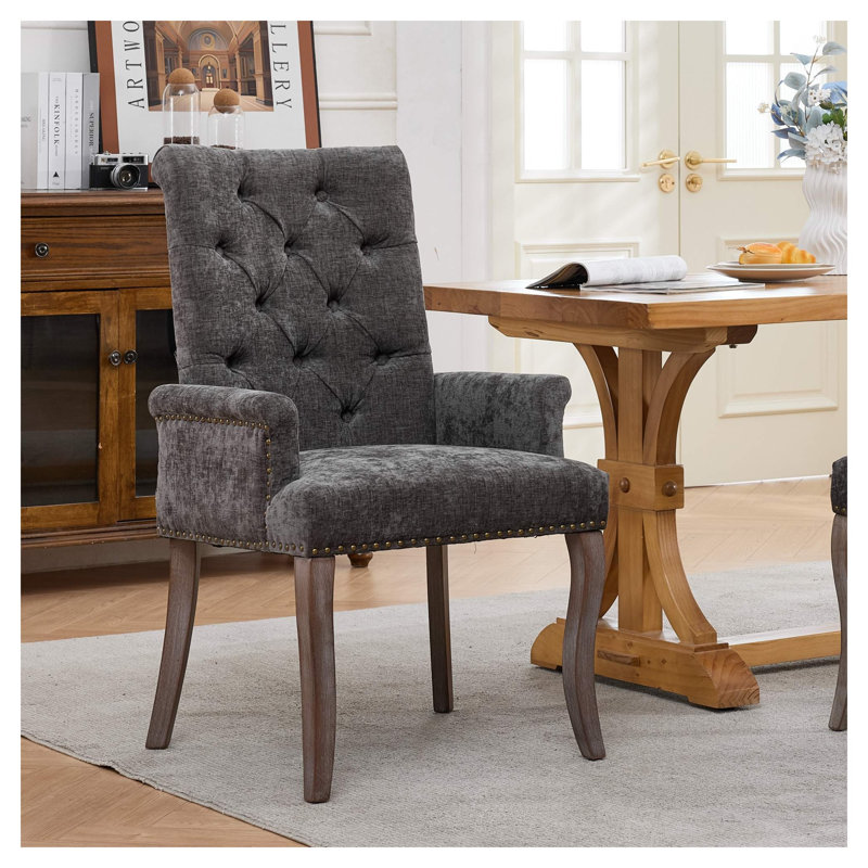 Chaise de salle à manger rembourrée en tissu chenille, structure en bois massif courbé gris, siège simple de style champêtre français