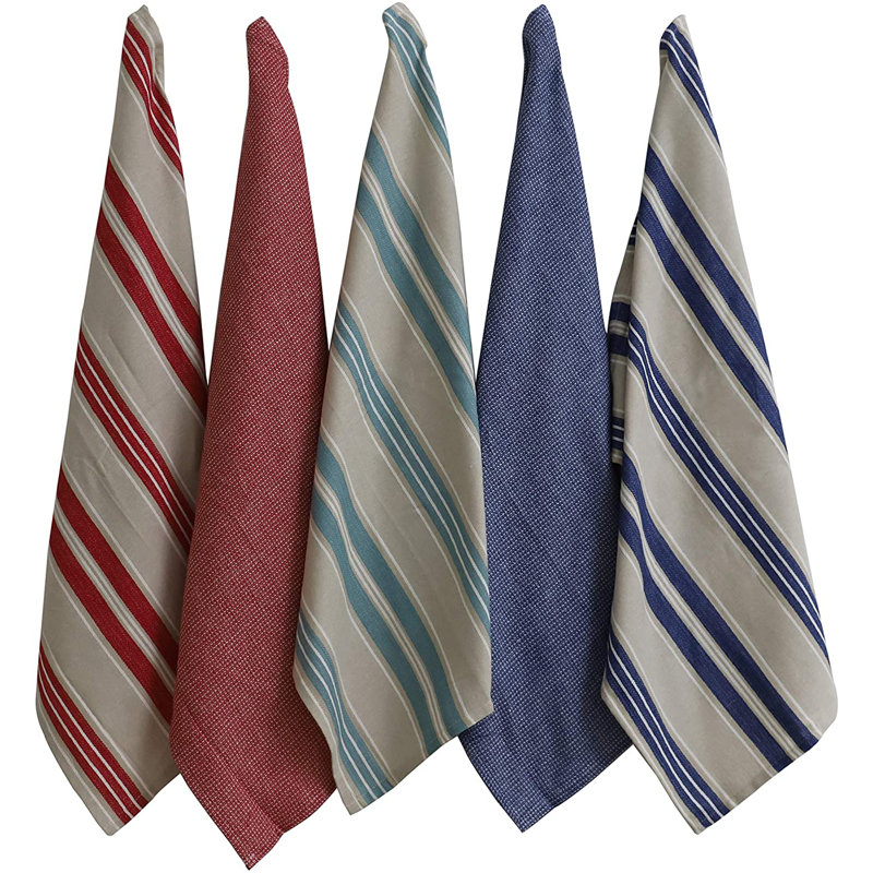 Cotton Stripe Tea Towel Kitchen Towel, Red/Taupe/Aqua/Navy