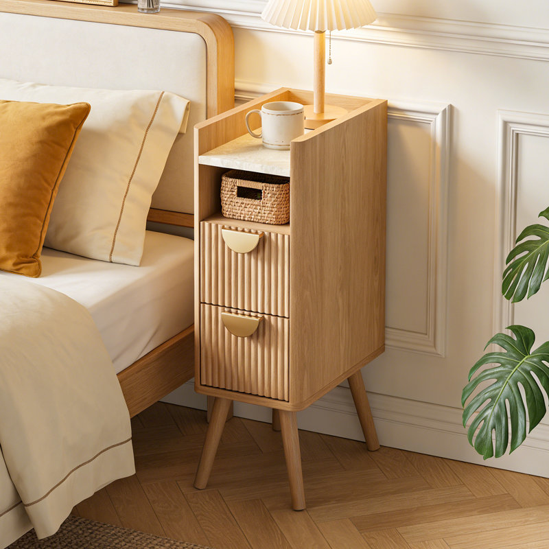 Mid-Century Modern Fluted 2-Drawer Nightstand(Set of 2), Individual, Tan