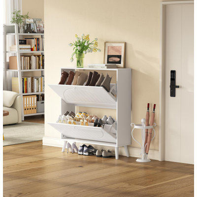 Space-Saving Tipping Bucket Storage Cabinet, Narrow Design With Carved Details, Solid Wood Legs, Anti-Tip Kit Included, For Small Spaces