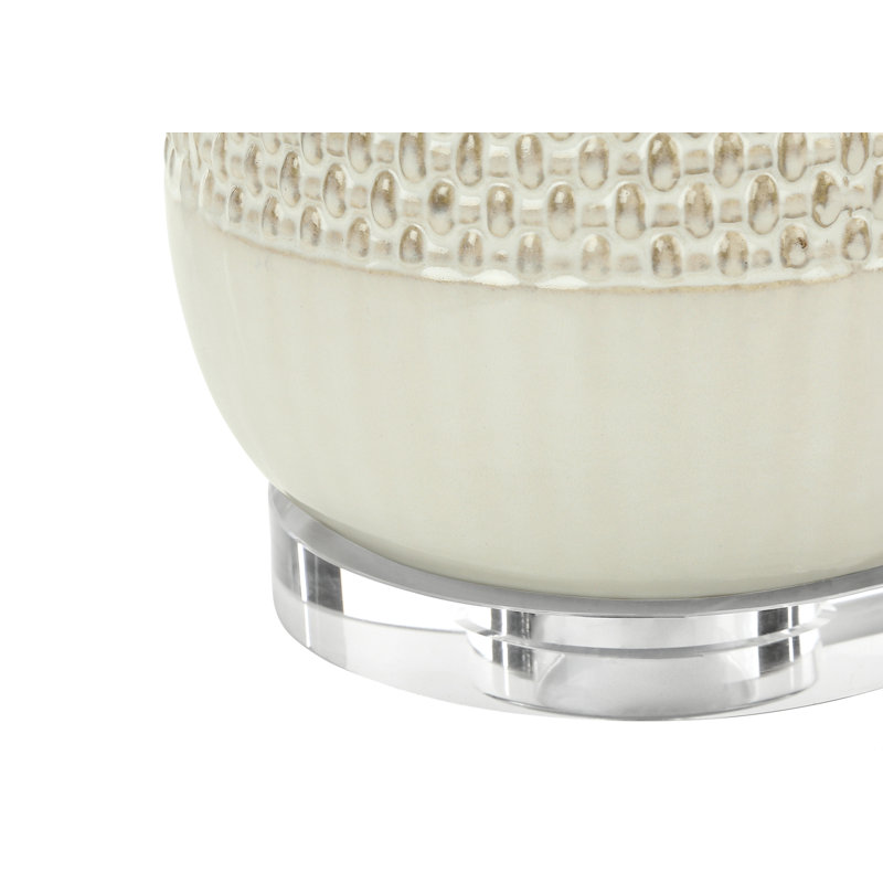 Table Lamp, 31 Inch Raised Texture Beige Ceramic, Ivory Linen Shade