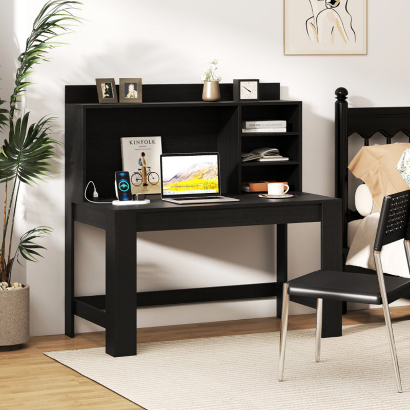 Modern Computer Desk With Hutch And Storage Shelves, Black