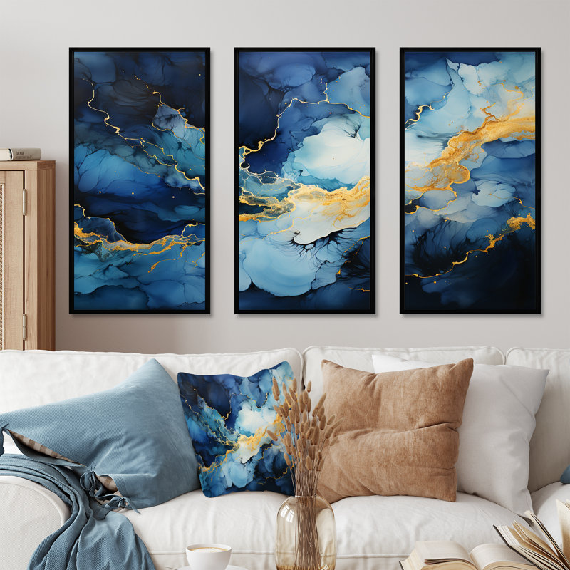«Blue and Gold Abstract Hurricane - Storms», ensemble de salon d'art mural, H 28 po x l 36 po x P 1 po, Cadre flottant noir