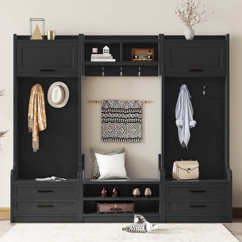 4-In-1 Detachable Hall Tree With Storage And 7 Hooks, Multiple Functions Hallway Coat Rack With Storage Drawers And Cabinet, Black Shoe Bench For Entryway Hallway