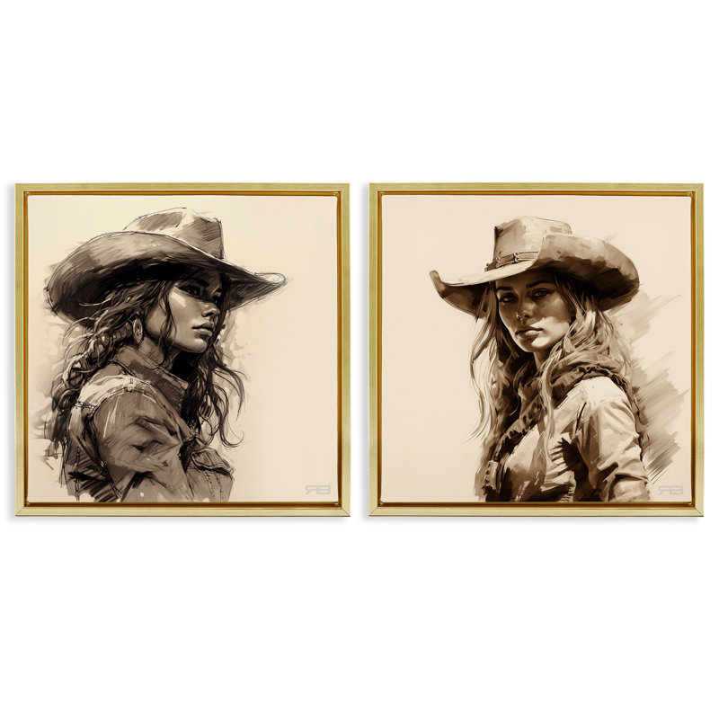 «Trendy Cowgirl Beauties», ensemble de 2 toiles flottantes encadrées noires par RB, Cadre flottant métallique doré