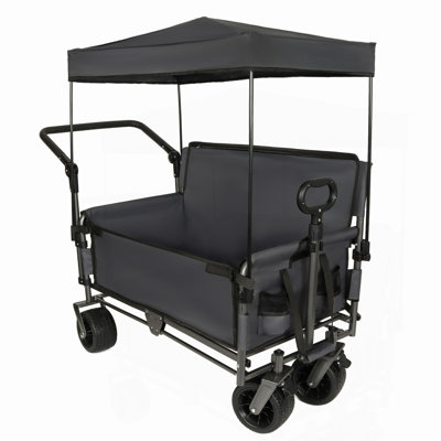 3-in-1 Folding Wagon Cart with Bench Seat & Canopy & Storage, 500lbs Heavy-Duty, 180L Capacity, All-Terrain Wagon for Camping, Beach, Sports, & Garden, Gray