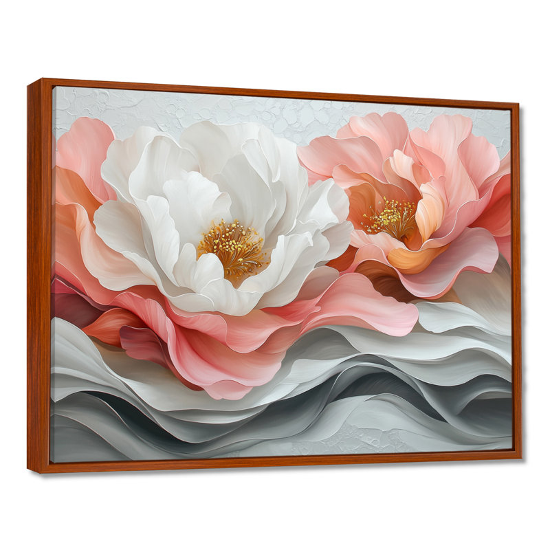 Blanc et corail, pivoines élégantes I - pivoines, art mural, H 24 po x l 32 po, Cadre flottant, Brun