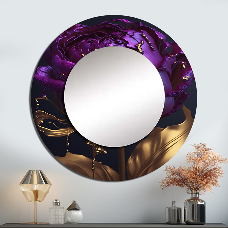 Quiton, pivoine mauve liquide or III - miroir pivoines, miroir mural rond unique mauve, impression sur métal, 36 po x 36 po