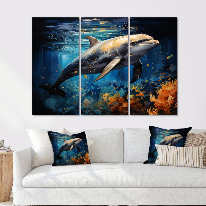 «Dolphin Odyssey», ensemble d'art sur toile, H 32 po x l 48 po