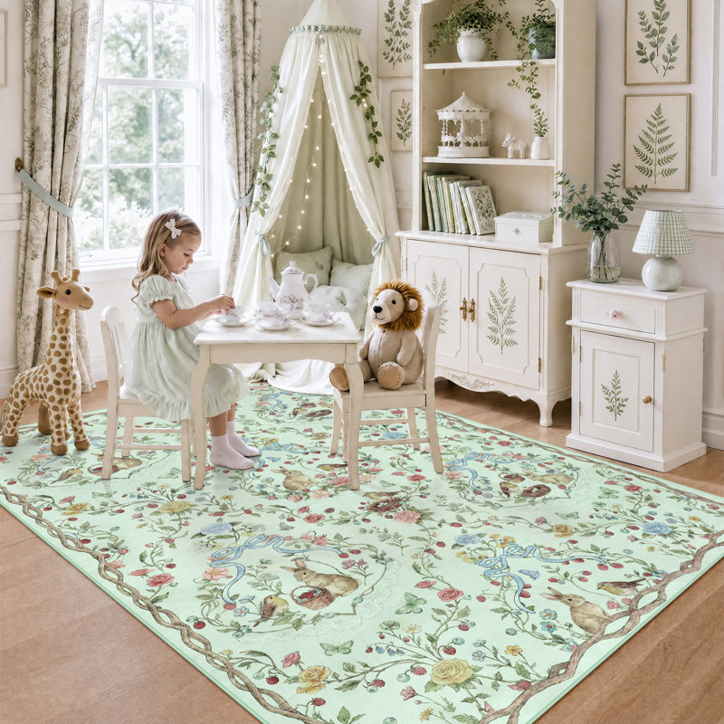 Tapis antidérapant de style forêt pastorale avec lapin et fleurs, en vison d'eau douce, Green, Rectangle