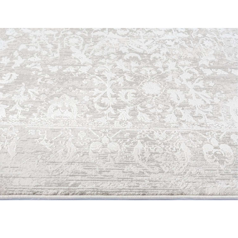 Tapis gris / ivoire en polyester tissé à la machine à motif abstrait Bronco, Rectangle 9 pi 10 po x 13 pi 2 po