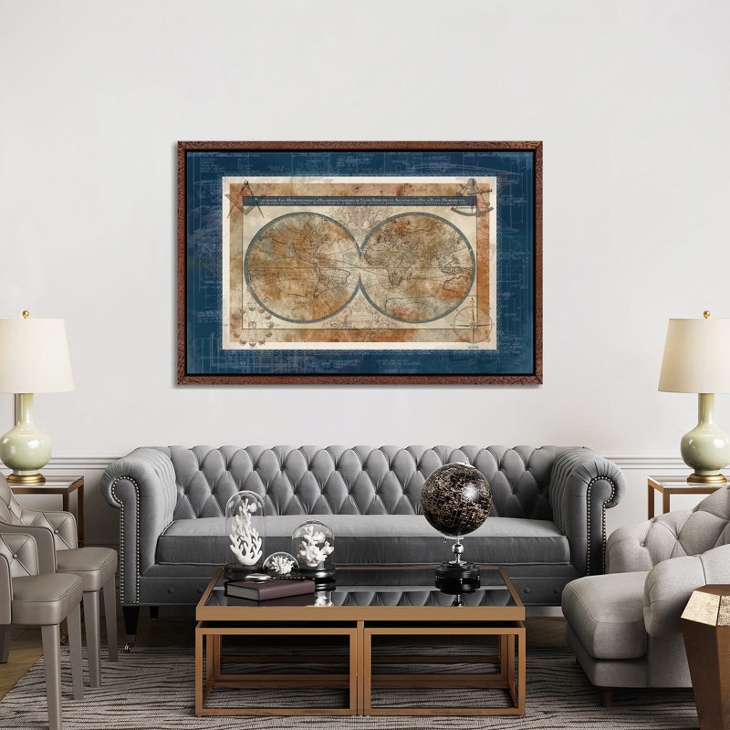 Blueprint Of The World by Carol Robinson - Print on Canvas, Classic Brown Wood Framed Canvas, 66.04 cm H x 45.72 cm W