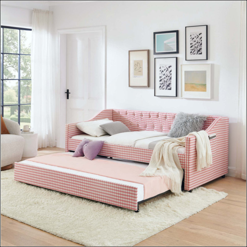 Lit de jour, lit de jour convertible rembourré avec dossier capitonné, canapé-lit polyvalent 3 en 1 avec lit gigogne escamotable et rangement latéral, parfait pour une vie compacte