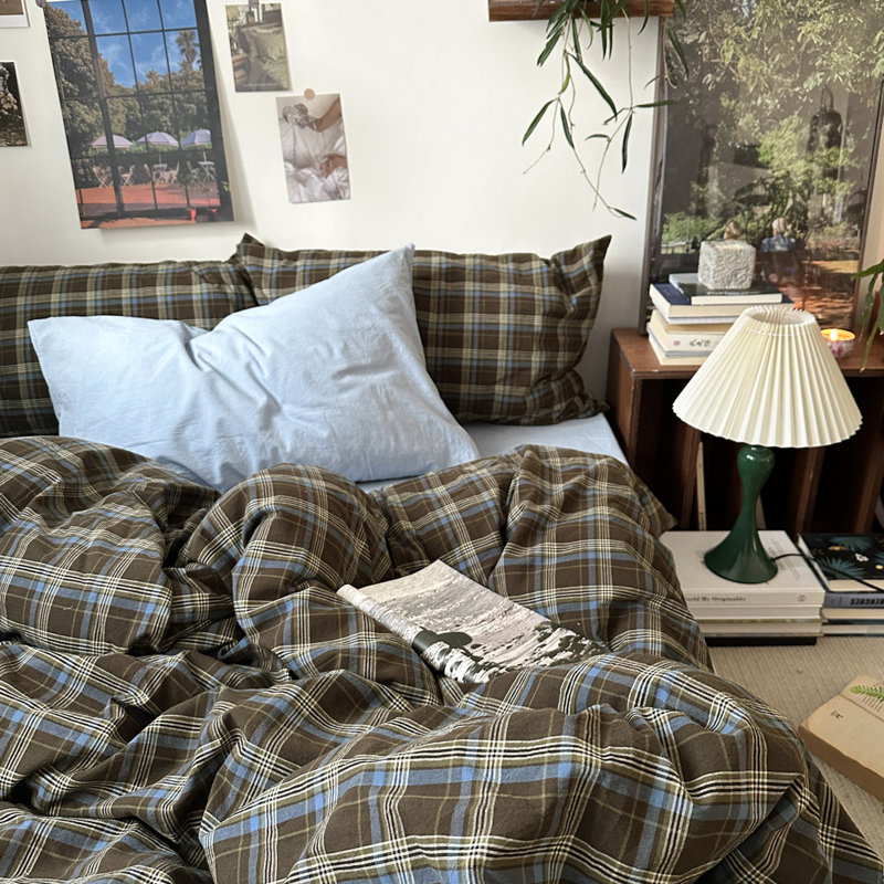 Vintage 3-Piece Washed Cotton Duvet Cover Set With Pillow Shams, Blue/Brown Plaid, Queen Duvet Cover + 2 Standard Shams