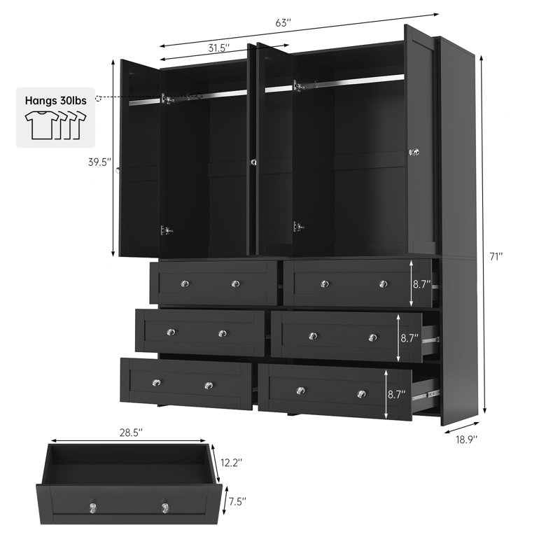 Armoire 4 portes avec miroir et 6 tiroirs Sandrea, Noir, noir, noir, noir