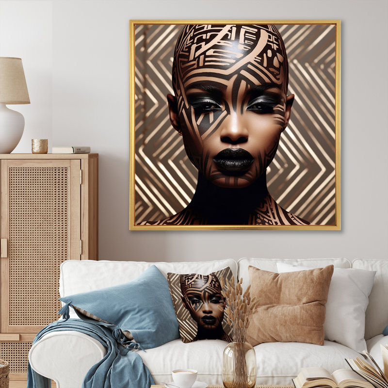 Portrait d'une beauté africaine exquise sur toile, H 16 po x l 16 po, Cadre flottant doré