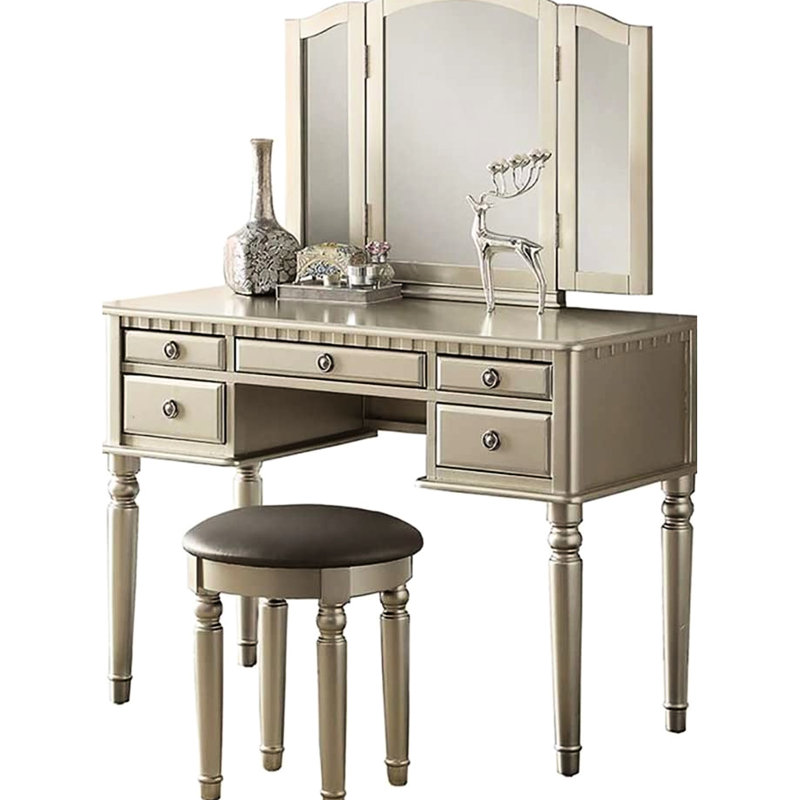 Meuble-lavabo contemporain avec tabouret de couleur contemporaine, miroir pliable, 5 tiroirs, rangement de style classique argenté, tabouret inclus, fabrication en bois d'hévéa