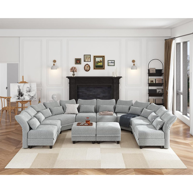 Ahren Upholstered Curved Sectional, Light Gray Chenille